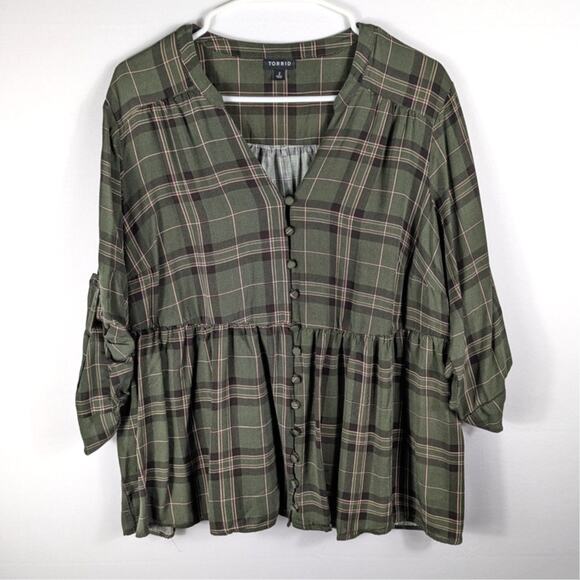 Torrid 2 Plaid Rayon Peplum Button Front Blouse Green Pink Ruffle Hem Top - Picture 1 of 5